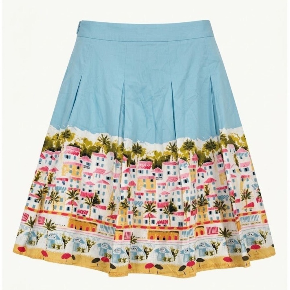 Talbots Womens 8 Blue Mediterranean Village Coastal Novelty Print Pleated Skirt